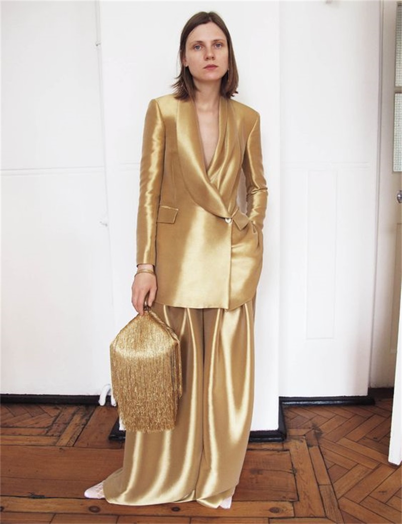 Women Formal Wear For Party - Золотые шелковые атласные женские костюмы, офисный