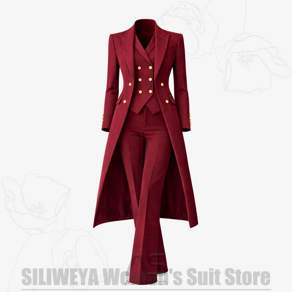 Women Formal Wear Office - Женский костюм-тройка: двубортное длинное пальто, жилет,
