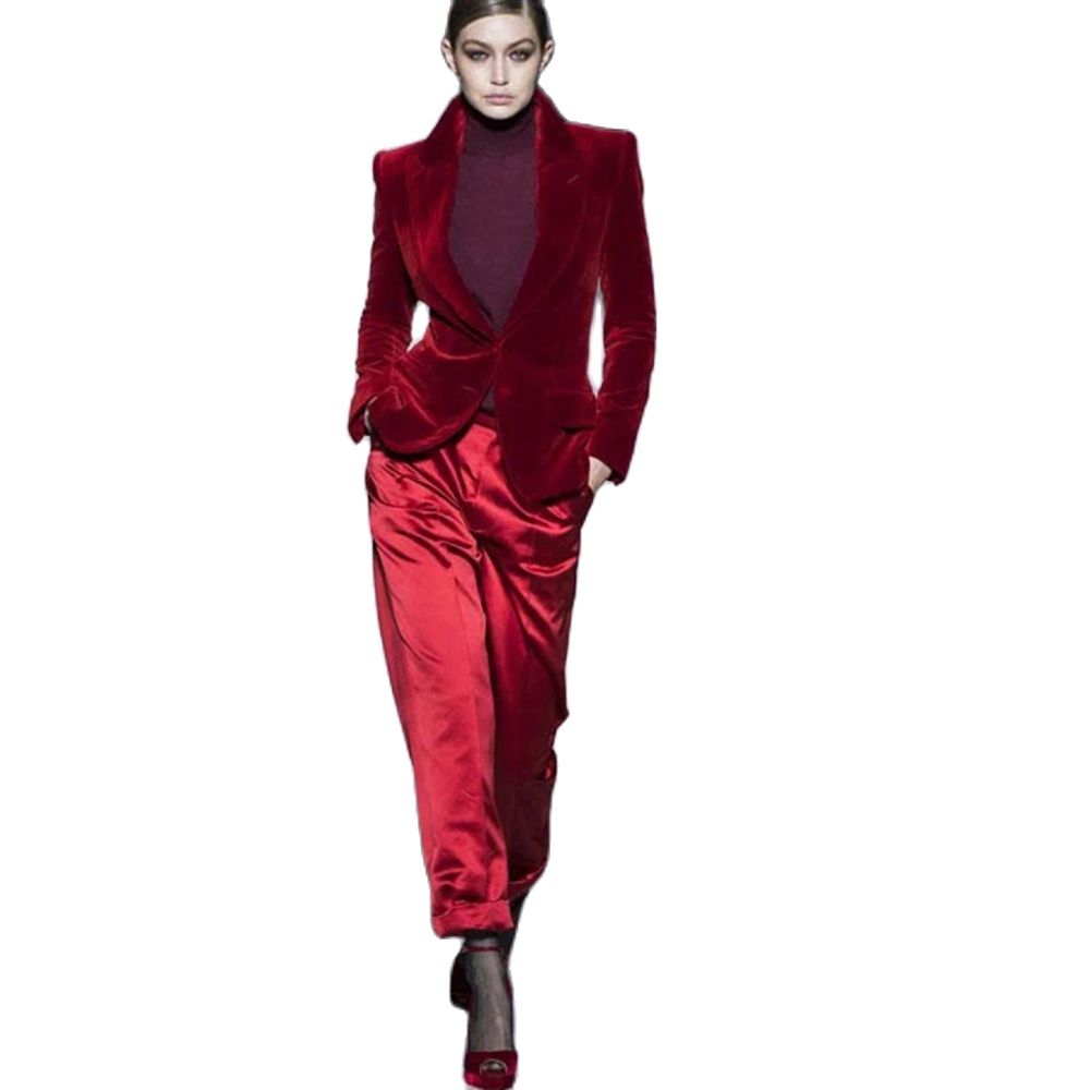 Women Formal Wear Blazers - Женские Брючные костюмы винно-красного цвета, бархатная